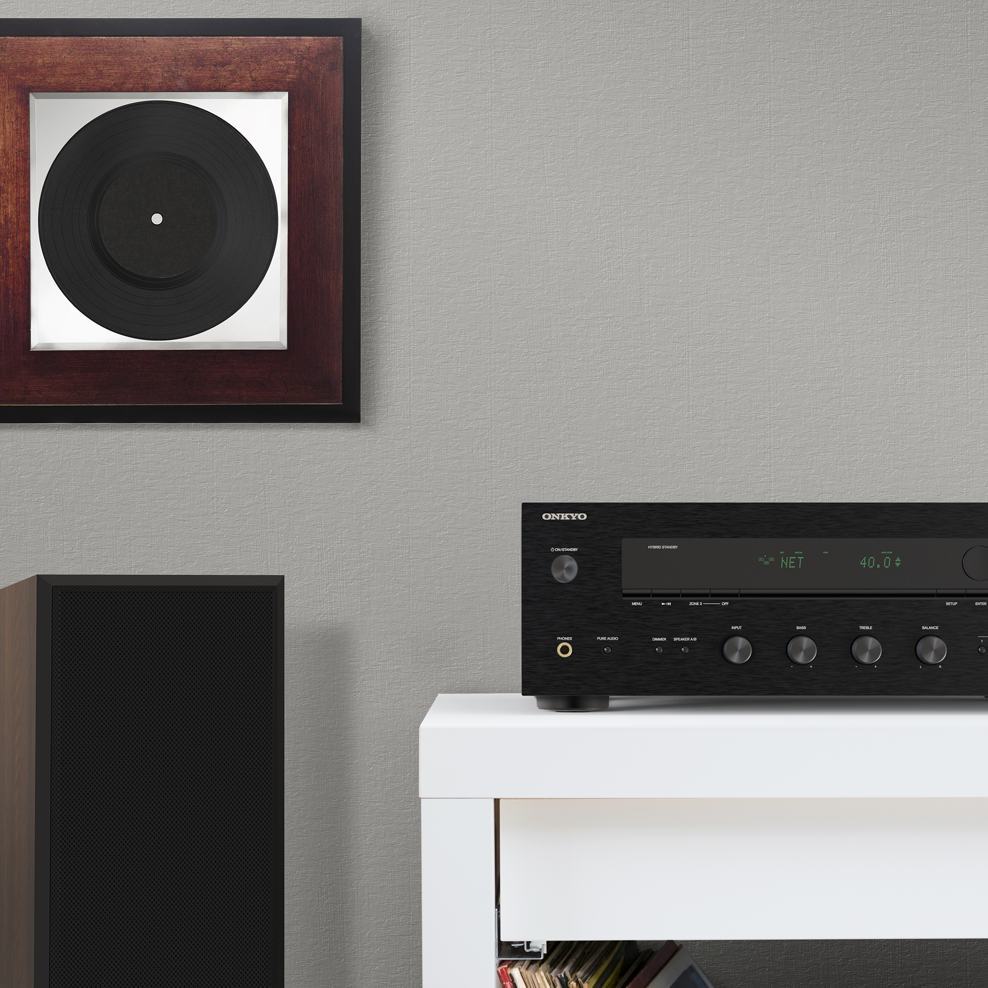 Onkyo TX 8470 MMM and Klipsch RP 5000 F Beside Record Art 2000x2000