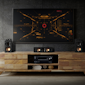 TX-NR7100 AV Receiver with Klipsch home theater system in modern living room with a wooden dresser