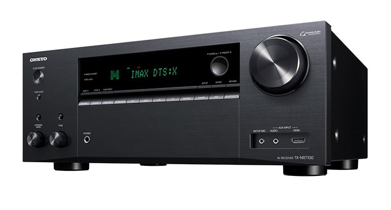 TX-NR7100 AV Receiver front facing left with IMAX DTS: X display