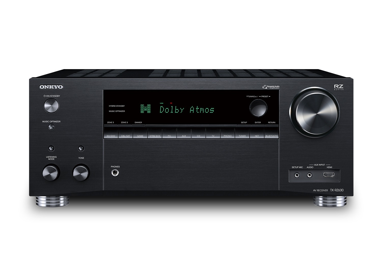onkyo tx-rz630 av receiver front view on white background