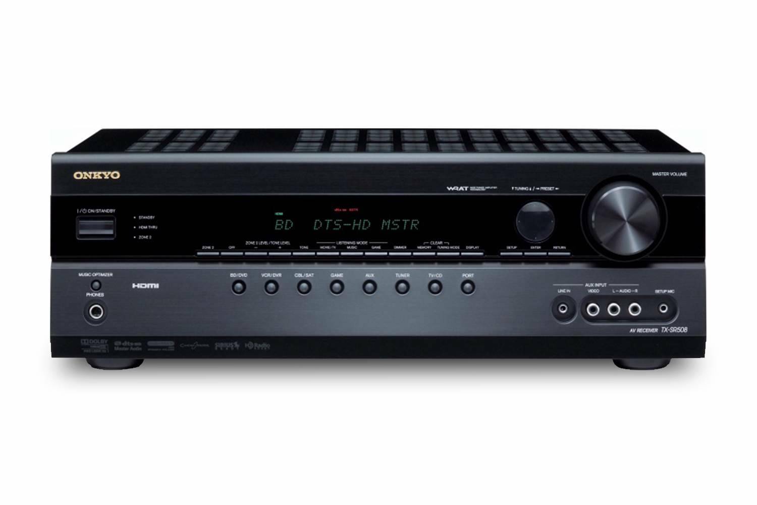 onkyo tx-sr508 av receiver front view on white background